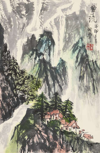 秦岭云（1914～2008） 甲申2004年作 争流 立轴 设色纸本