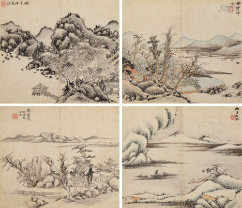 黄均（古）（1775～1850） 山水 （四帧） 册页 设色纸本