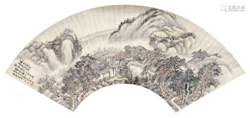姜筠（1847～1919） 戊申1908年作 孤城残月图 扇面 设色纸本