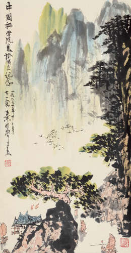 秦岭云（1914～2008） 1985年作 峡江帆影 立轴 设色纸本