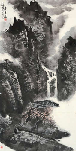 郭公达（b.1931） 甲戌1994年作 松壑飞瀑 镜片 设色纸本