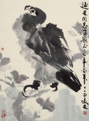 韩美林（b.1936） 辛酉1981年作 鹰 立轴 设色纸本