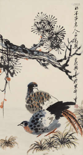 卢光照（1914～2001） 松间斑鸠 立轴 设色纸本