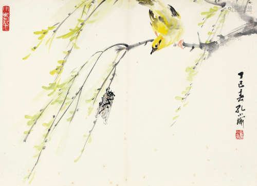 孔小瑜（1899～1984） 丁巳1977年作 黄雀夏蝉 扇面 设色纸本