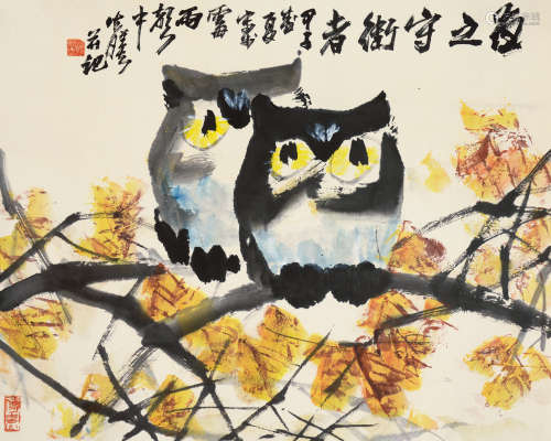 舒传曦（b.1932） 甲子1984年作 猫头鹰 镜片 设色纸本