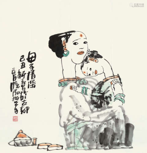 杨晓阳（b.1958） 己丑2009年作 母子情深 镜片 设色纸本