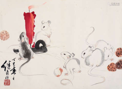 刘继卣（1918～1983） 丁巳1977年作 老鼠偷油 镜片 设色纸本