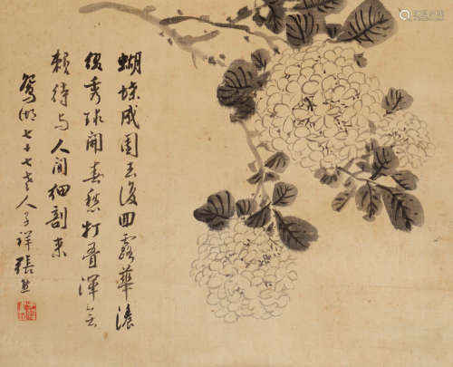 张熊（1803～1886） 绣球花 立轴 水墨绢本
