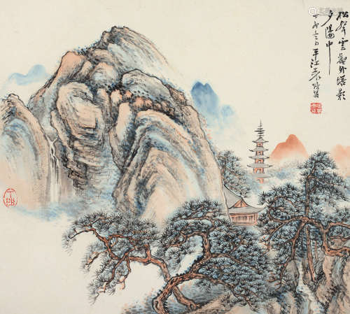 袁培基（1870～1943） 丁卯 1927年作 秋山塔影 卡纸 设色纸本