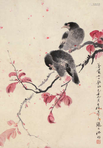 张大壮（1903～1980） 己丑1949年作 红叶山鸟 镜片 设色纸本