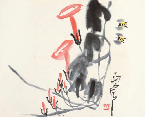 丁衍庸（1902～1978） 牵牛蜜蜂 卡纸 设色纸本