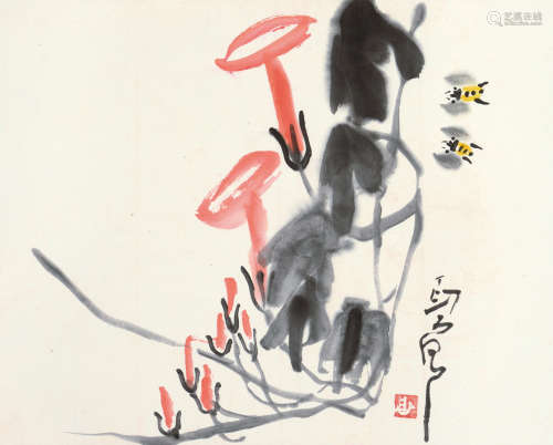 丁衍庸（1902～1978） 牵牛蜜蜂 卡纸 设色纸本