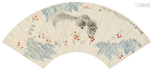 姚华（1876～1930） 甲子1924年作 松鼠 扇面 设色纸本