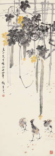 张聿光（1885～1968） 1935年作 丝瓜雏鸡 立轴 设色纸本