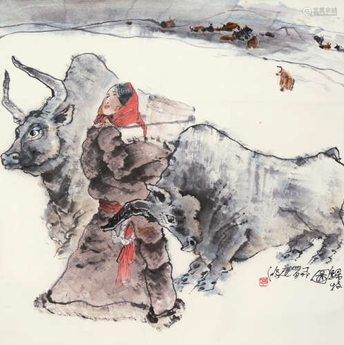 沈道鸿（b.1947） 丁卯1987年作 归牧图 镜片 设色纸本