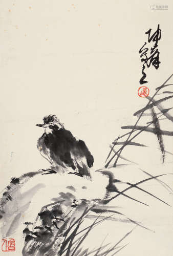 卢坤峰（1934～2018） 竹石小鸟 立轴 水墨纸本
