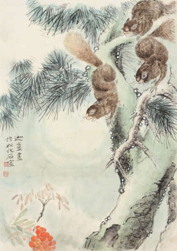 陈摩（1886～1945） 松鼠 镜片 设色纸本