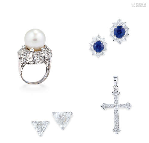18K白金镶钻石吊坠， 蓝宝石镶钻石耳环， 钻石耳环及K白金镶钻石珍珠戒指