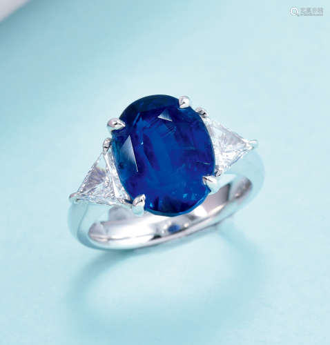 18K白金镶钻石“缅甸~非加热”蓝宝石戒指
