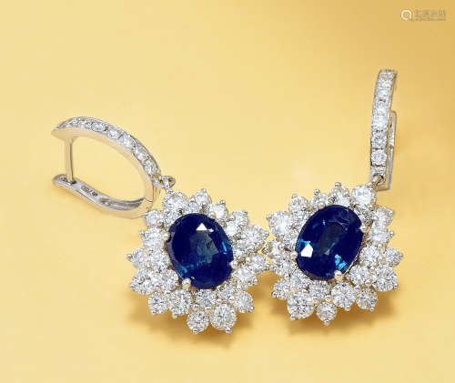 18K白金镶钻石蓝宝石耳环 （一对）