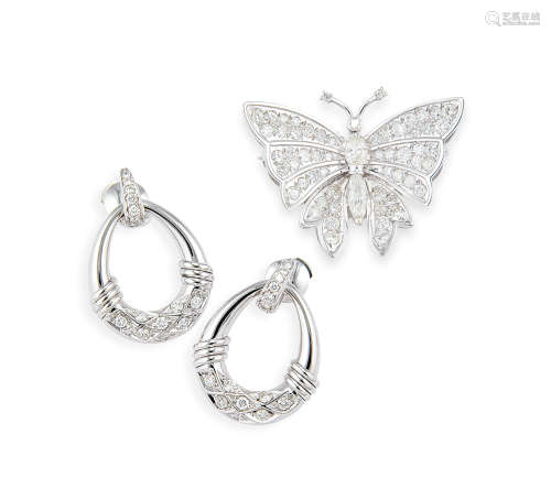14K白金镶钻石“蝴蝶”襟针及耳环 （一套）