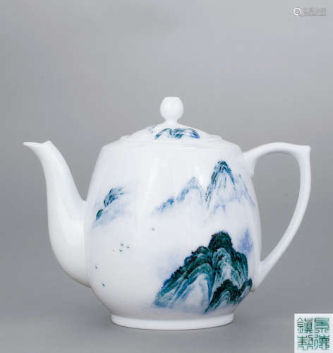 70年代 高白泥釉中山水纹茶壶