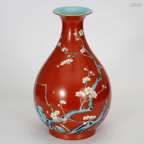 CHINESE CORAL RED GROUND FAMILLE ROSE VASE