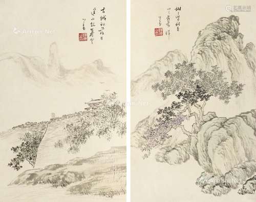 溥儒（1896～1963） 古城落日、山间秋色 镜心 纸本