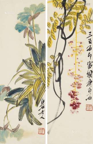 齐白石（1864～1957） 花卉对屏 立轴 纸本