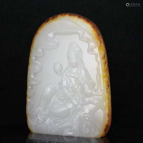 CHINESE HETIAN WHITE JADE FIGURE OF GUANYIN