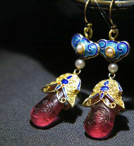 CHINESE SILVER DOT BLUE GLASS EARRINGS