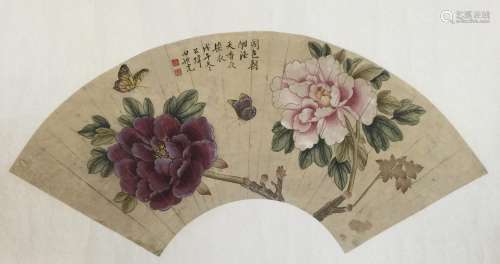 CHINESE FAN PAINTING OF BIRDS AND FLOWERS