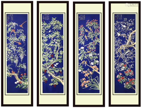 FOUR PANELS OF CHINESE SCROLL PAINTING OF FLOWER ON BLUE PAPER