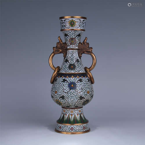 CHINESE CLOISONNE DRAGON HEAD HANDLE VASE