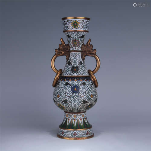 CHINESE CLOISONNE DRAGON HEAD HANDLE VASE