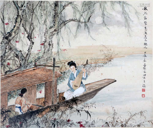 CHINESE SCROLL PAINTING OF TWO GIRLS IN BOAT