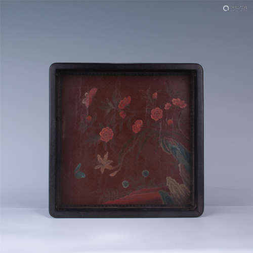 CHINESE ZITAN FLOWER PAINTED SQUARE TRAY