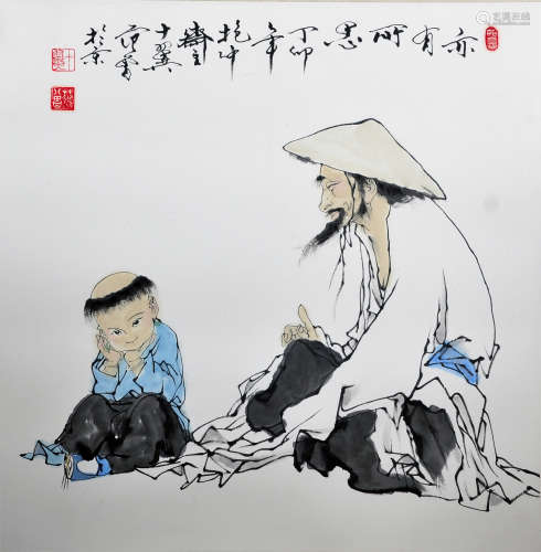 CHINESE SCROLL PAINTING OF MAN AND BOY