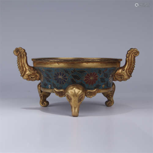 CHINESE CLOISONNE TRIPLE FEET ROUND CENSER