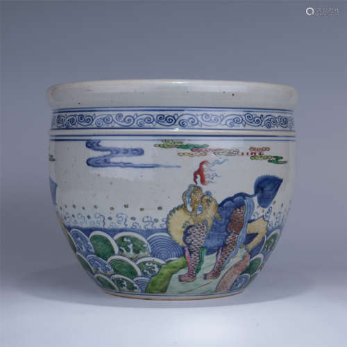 CHINESE PORCELAIN BLUE AND WHTIE WUCAI BEAST FISH BOWL