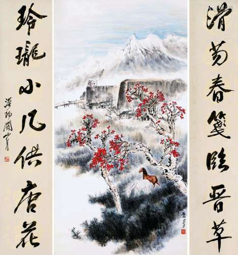 CHINESE SCROLL PAINTING OF MOUNTAIN VIEWS AND CALLIGRAPHY COUPLET