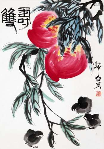 CHINESE SCROLL PAINTING OF CHICKEN AND PEACH