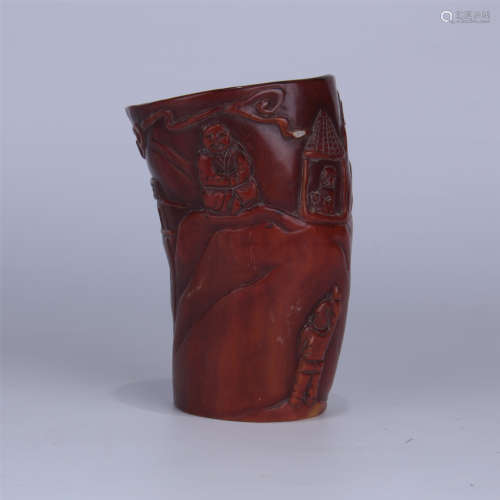 CHINESE HORN CARVED FIGURE JUE CUP