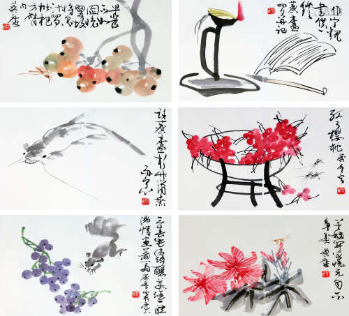 SIX PAGES OF CHINESE ALBUM PAINTING OF FRUIT AND FISH