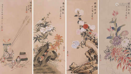 FOUR PANELS OF CHINESE SCROLL PAINTING OF BIRDS AND FLOWER