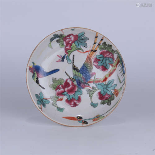 CHINESE PORCELAIN FAMILLE ROSE BIRD AND FLOWER DISH