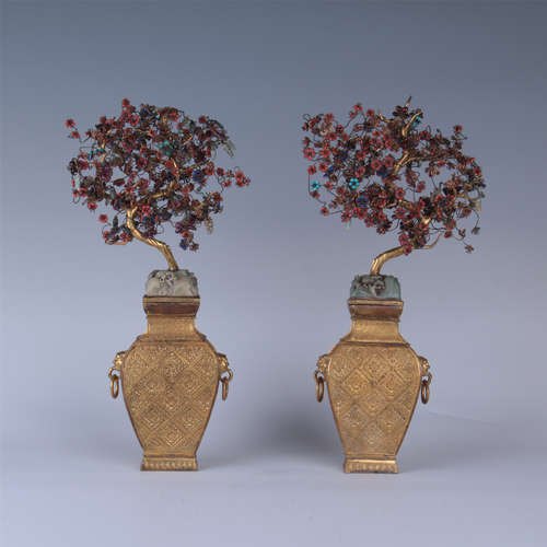 PAIR OF CHINESE GILT BRONZE VASE WITH GEM JADE FLOWER