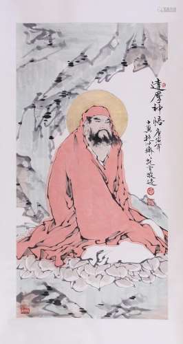 CHINESE SCROLL PAINTING OF SEATED LOHAN WITH PUBLISHED BOOK