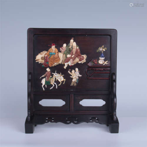 CHINESE GEM STONE INLAID ROSEWOOD TABLE SCREEN