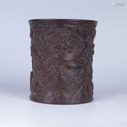 CHINESE HARDWOOD CARVED BRUSH POT